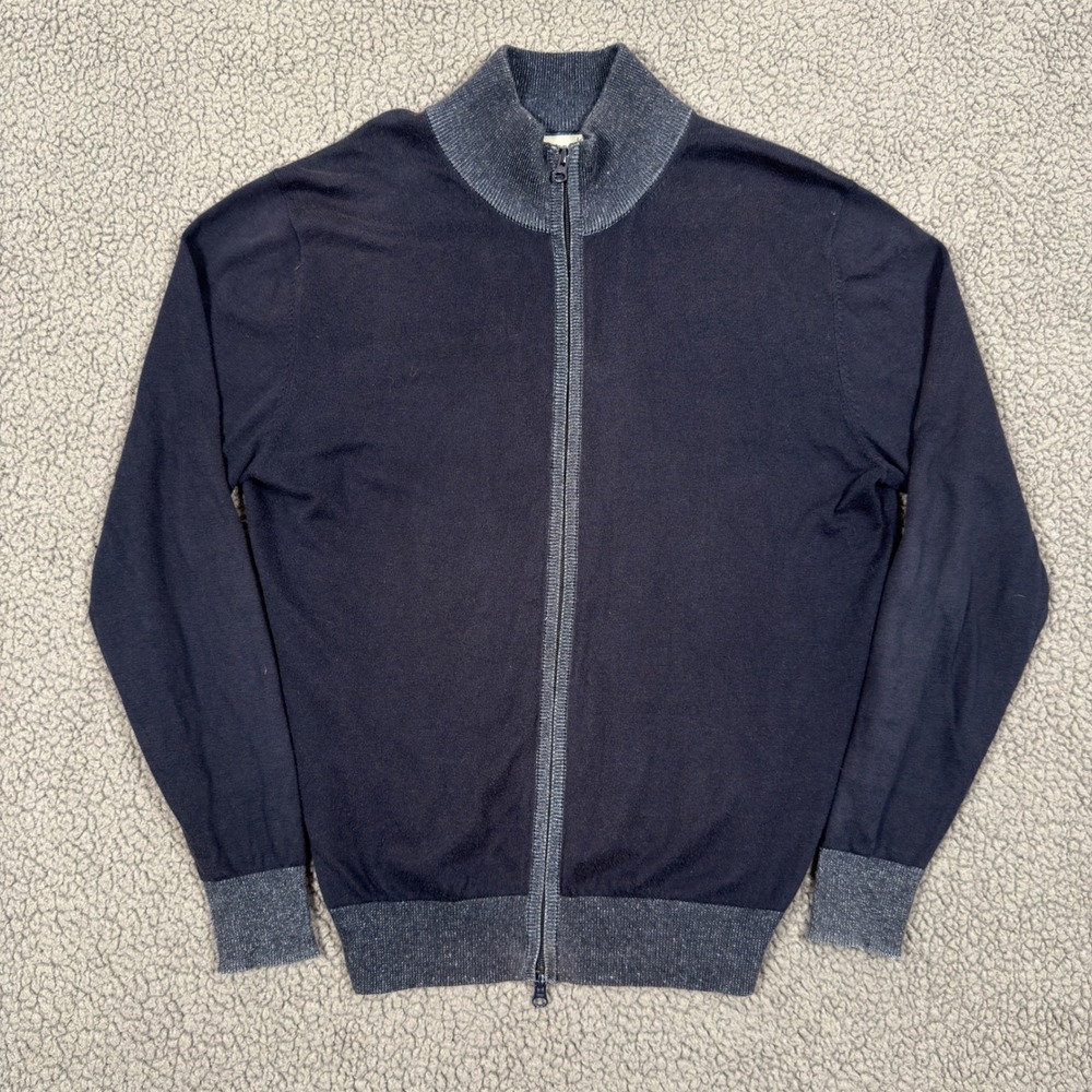 Scott James Sweater Mens Medium Navy Blue Cotton Cashmere Full Zip Mock Neck